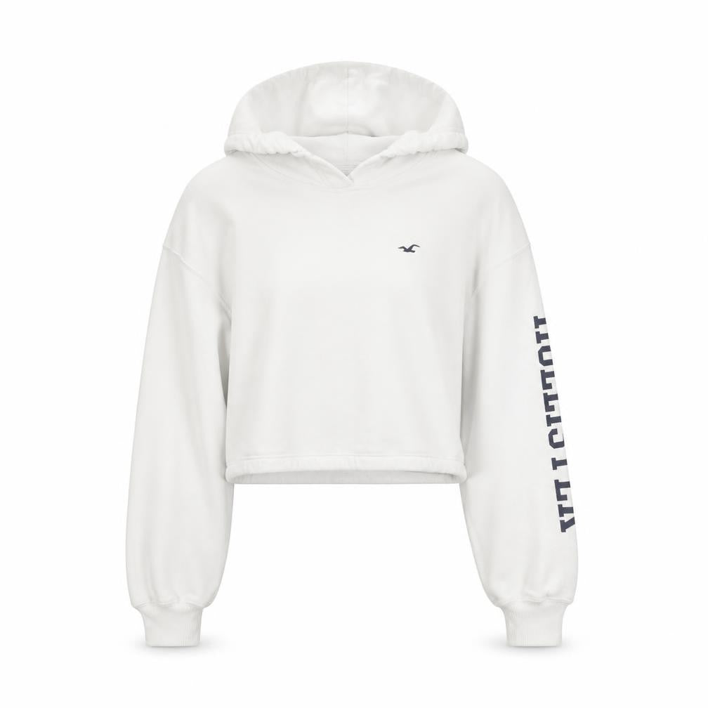 Front view of Hollister Women White Small Cropped Pullover Hoodie Cotton Blend