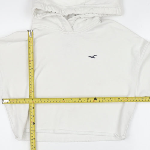Hollister Women White Small Cropped Pullover Hoodie Cotton Blend