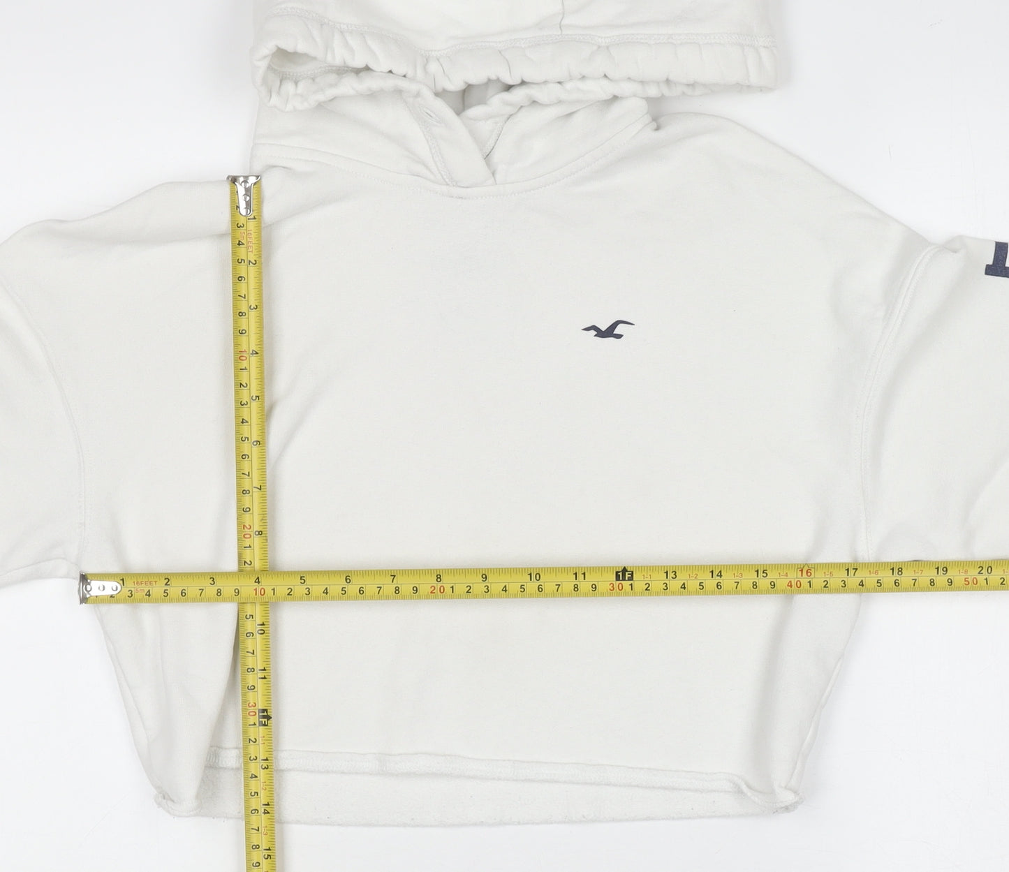 Hollister Women White Small Cropped Pullover Hoodie Cotton Blend