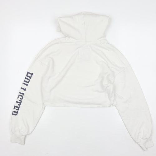 Hollister Women White Small Cropped Pullover Hoodie Cotton Blend