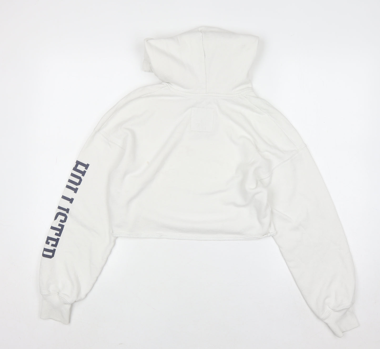 Hollister Women White Small Cropped Pullover Hoodie Cotton Blend