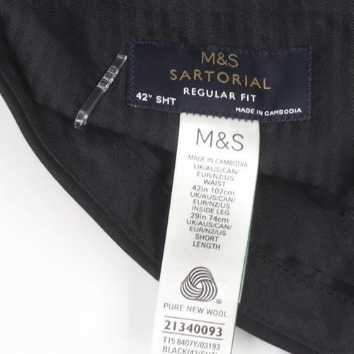 Marks and Spencer Mens Black 42S Regular Fit Wool Dress Trousers