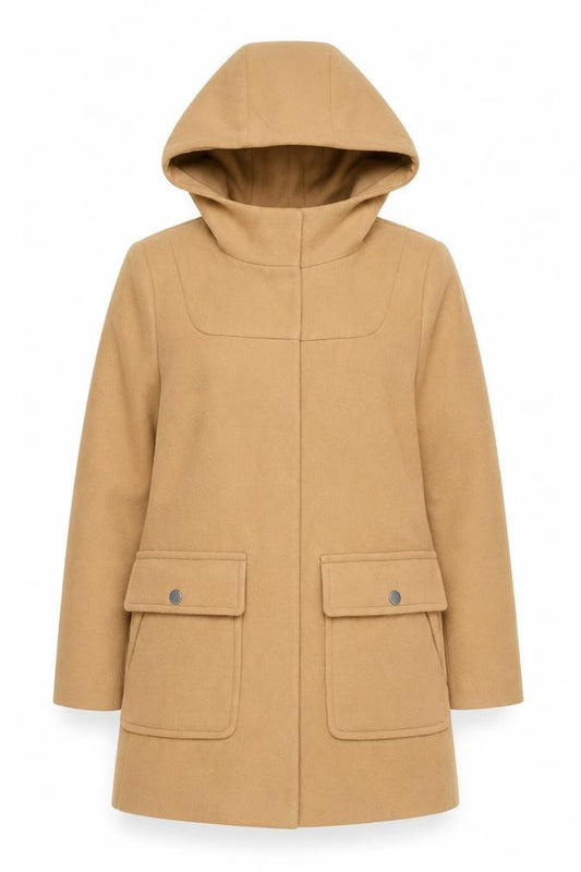 Front view of ASOS Women’s Beige Hooded Mid-Length Overcoat, size UK 10
