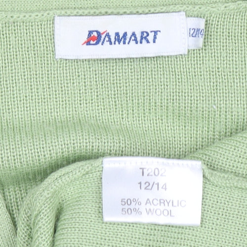Damart Women Green Wool Blend Cardigan Size 12/14 V-Neck Button Front