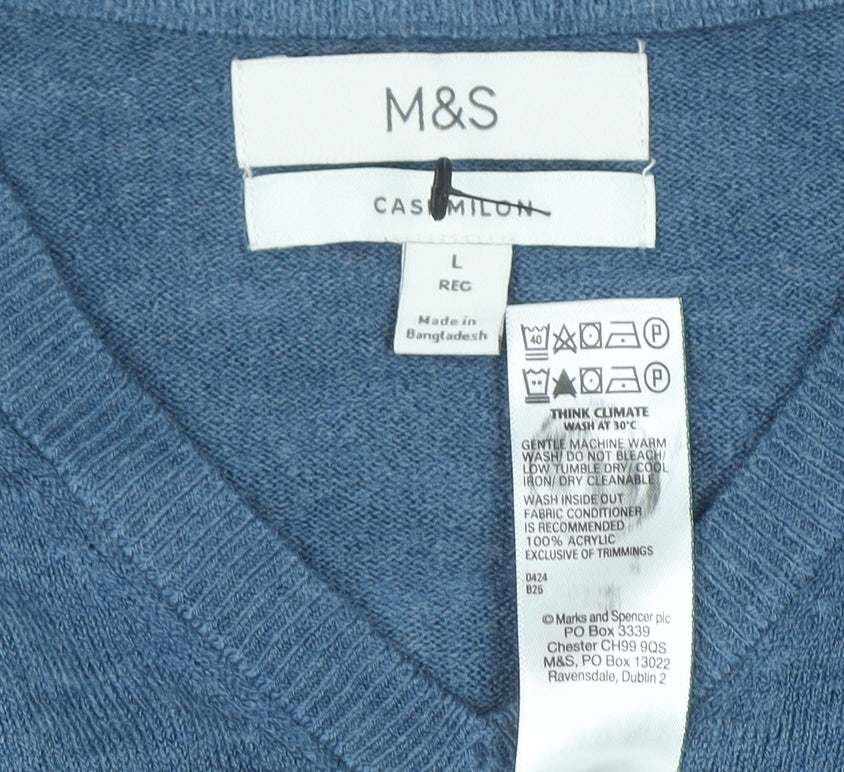 Marks and Spencer Men's Blue V-Neck Acrylic Jumper Size L Regular