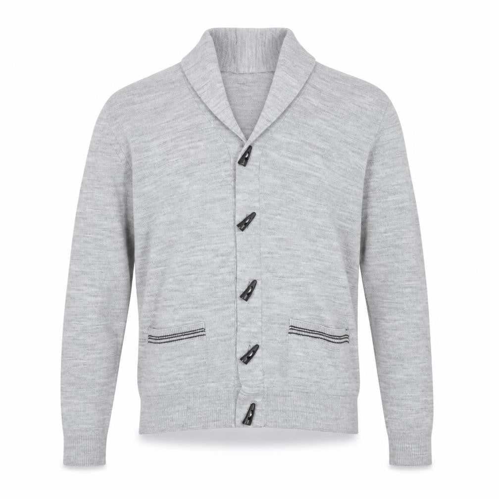 Front view of Roberto Island Men's Grey Medium Collared Button Cardigan Jumper