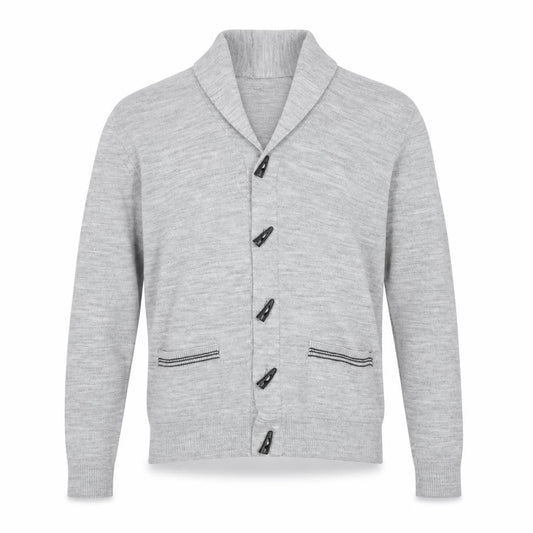 Front view of Roberto Island Men's Grey Medium Collared Button Cardigan Jumper