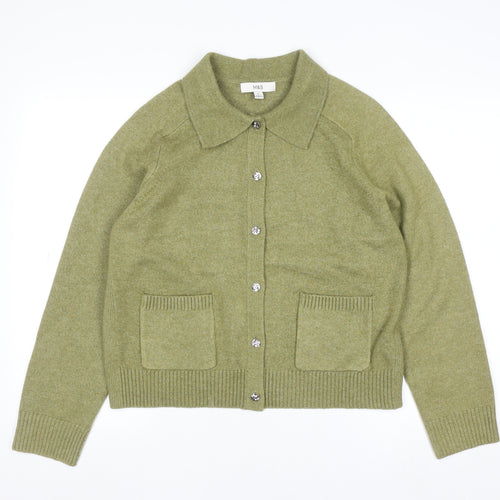 Marks and Spencer Women’s Green Collared Button Cardigan M Wool Blend