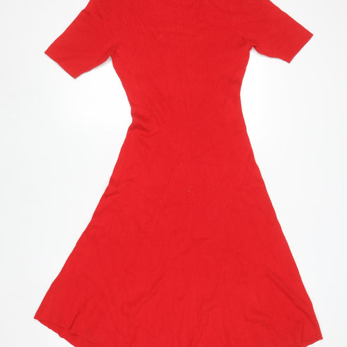 H&M Women Red Fit & Flare Knit Dress L Short Sleeve