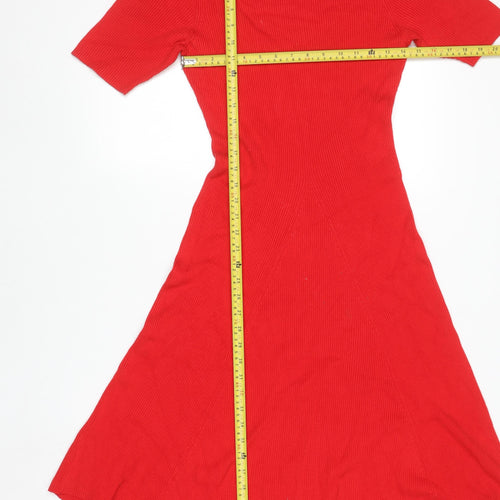 H&M Women Red Fit & Flare Knit Dress L Short Sleeve