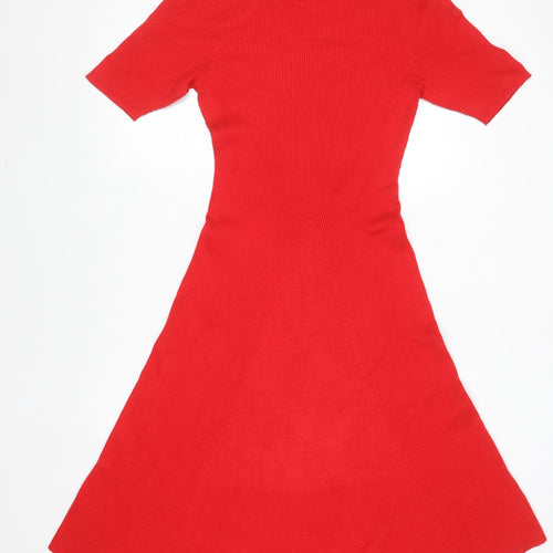 H&M Women Red Fit & Flare Knit Dress L Short Sleeve