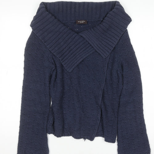 Principles Women Blue Cotton Blend Collared Knit Cardigan Size 14 Petite
