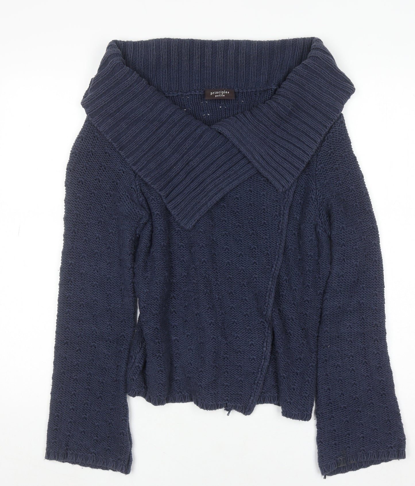 Principles Women Blue Cotton Blend Collared Knit Cardigan Size 14 Petite