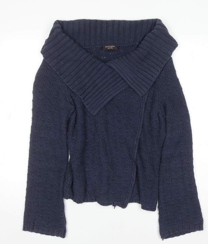 Principles Women Blue Cotton Blend Collared Knit Cardigan Size 14 Petite
