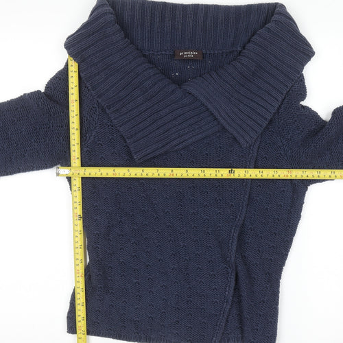 Principles Women Blue Cotton Blend Collared Knit Cardigan Size 14 Petite