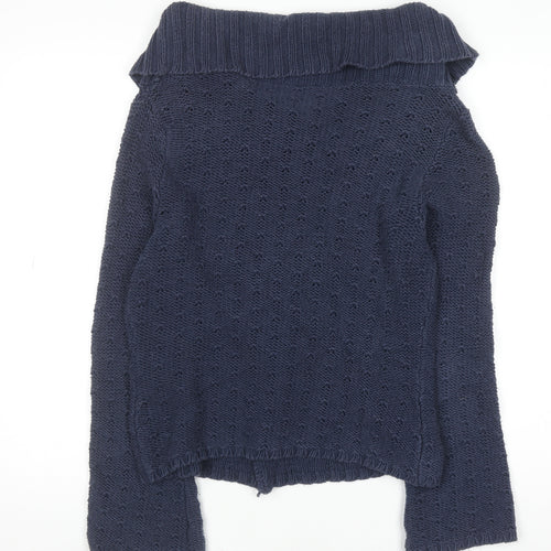 Principles Women Blue Cotton Blend Collared Knit Cardigan Size 14 Petite