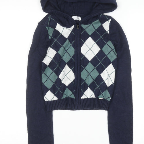 Hollister Women Navy Argyle Full Zip Hoodie XS Cotton Blend