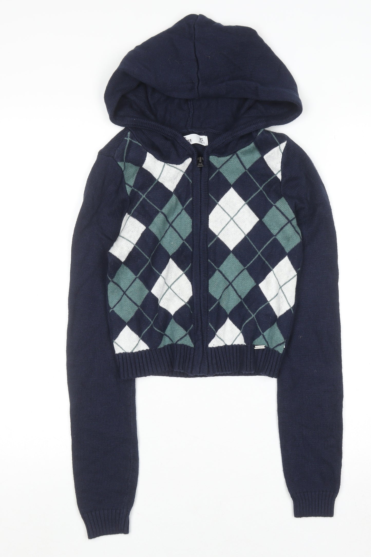 Hollister Women Navy Argyle Full Zip Hoodie XS Cotton Blend