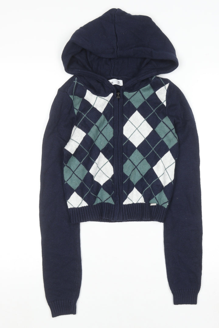 Hollister Women Navy Argyle Full Zip Hoodie XS Cotton Blend