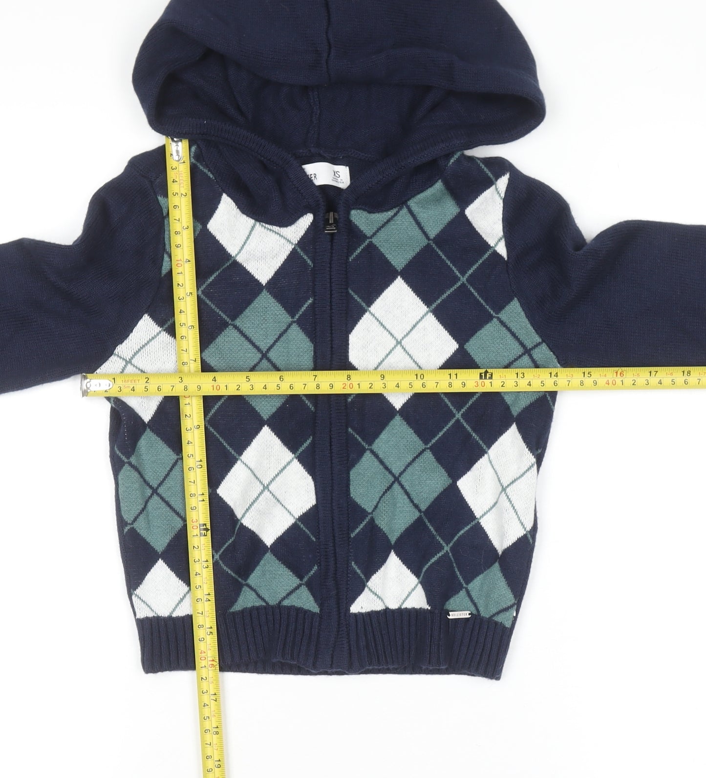 Hollister Women Navy Argyle Full Zip Hoodie XS Cotton Blend