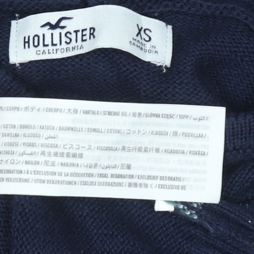 Hollister Women Navy Argyle Full Zip Hoodie XS Cotton Blend