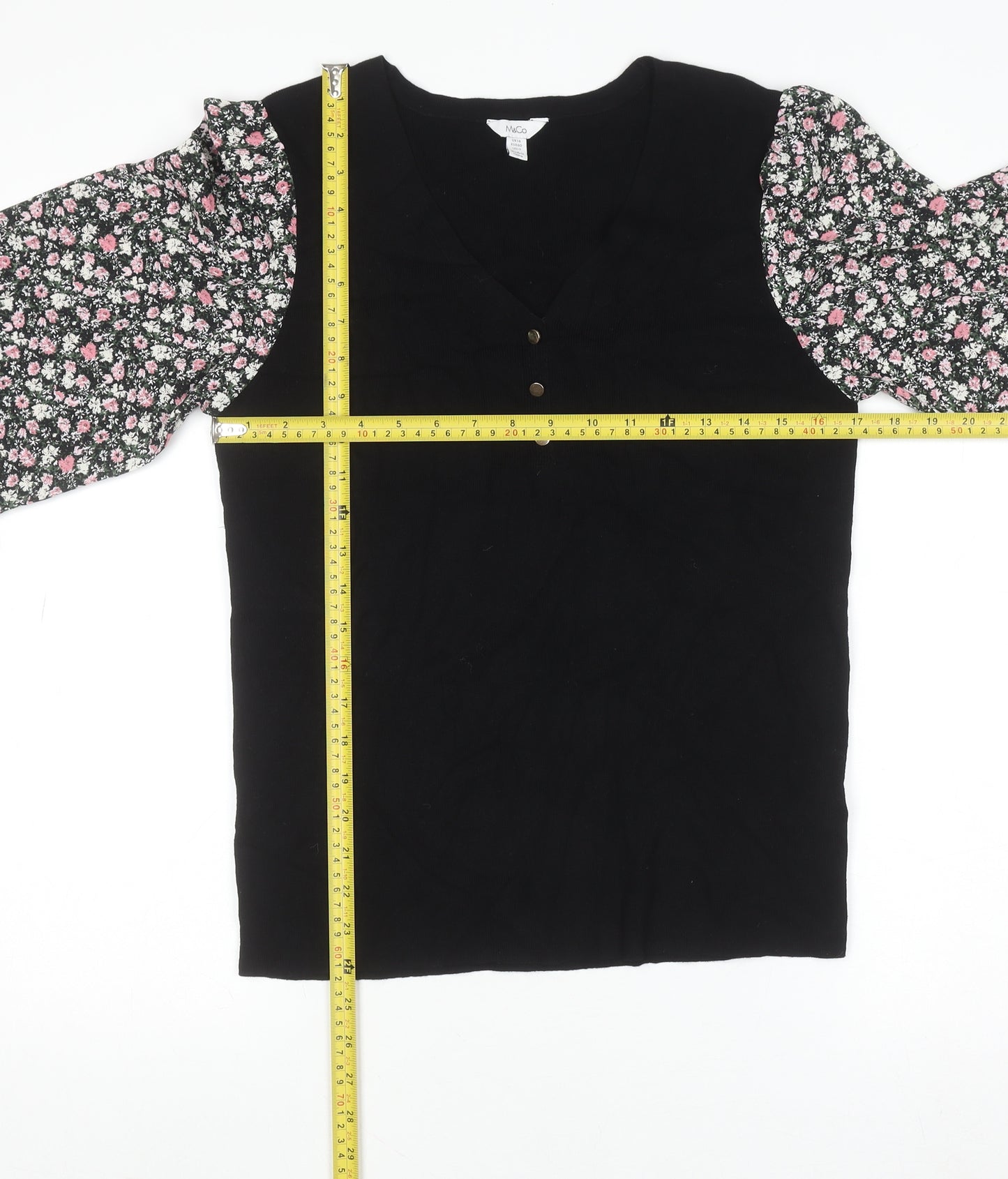 M&Co Women’s Black Floral Sleeve Tunic Blouse Size 14