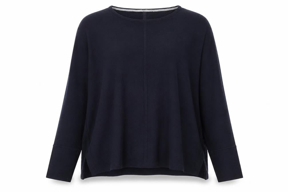 Front view of White Stuff women’s blue cotton blend crew neck jumper, size UK 10