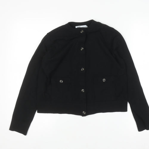 ZARA Women Black Cotton Blend Crew Neck Button Cardigan M