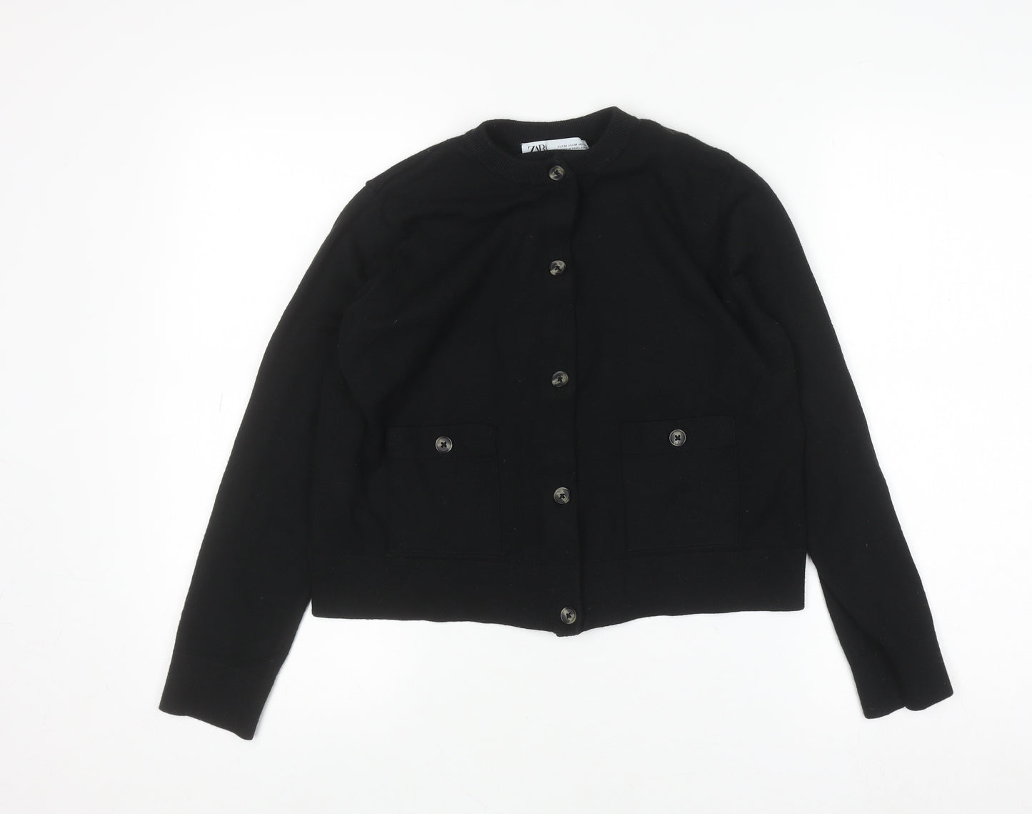 ZARA Women Black Cotton Blend Crew Neck Button Cardigan M