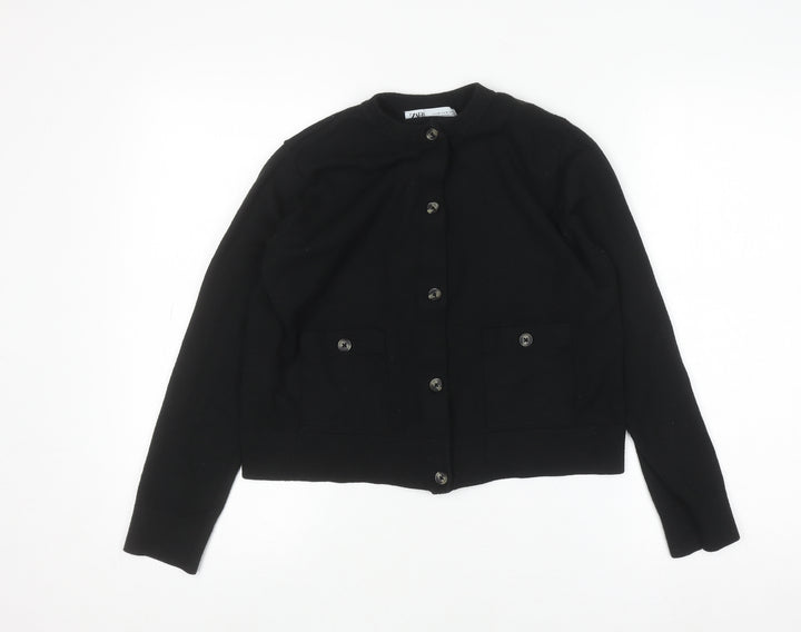 ZARA Women Black Cotton Blend Crew Neck Button Cardigan M