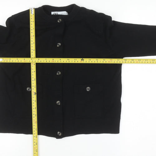 ZARA Women Black Cotton Blend Crew Neck Button Cardigan M