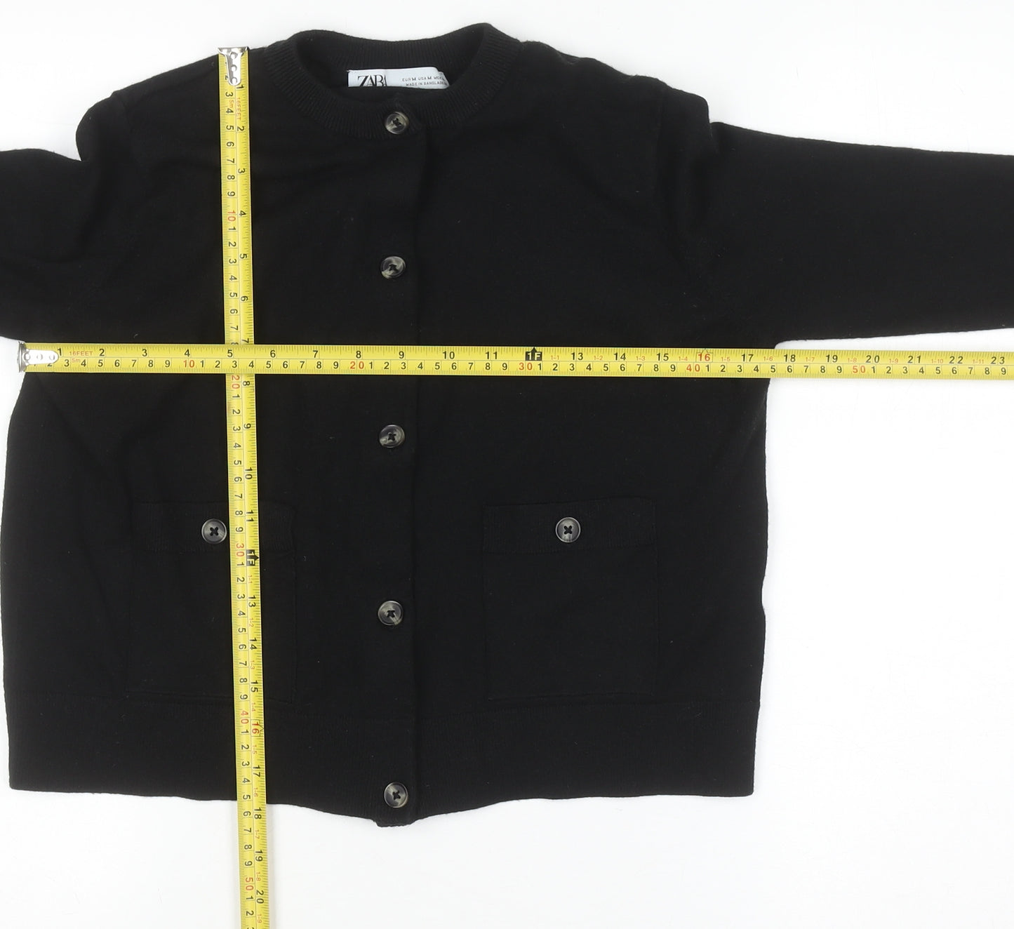 ZARA Women Black Cotton Blend Crew Neck Button Cardigan M