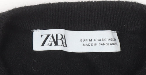 ZARA Women Black Cotton Blend Crew Neck Button Cardigan M