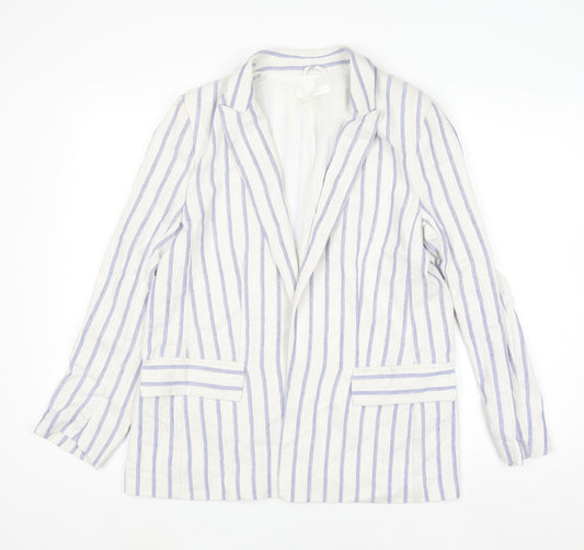 H&M Womens White Blue Striped Linen Blend Blazer Size 12