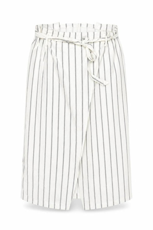 Front view of ASOS Women’s White Striped Linen Wrap Midi Skirt, size UK 18