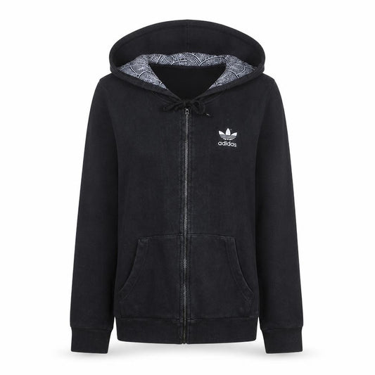Front view of Adidas women’s black full zip hoodie, size UK 8, cotton blend hooded sweatshirt