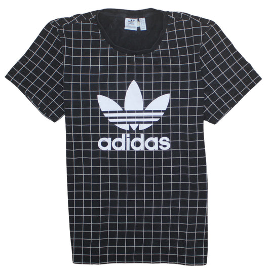 Adidas Womens Black Check Logo T-Shirt Size M Cotton Crew Neck