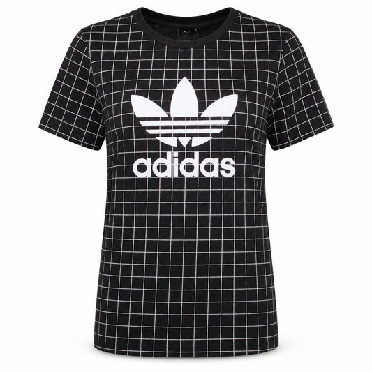 Adidas Womens Black Check Logo T-Shirt Size M Cotton Crew Neck