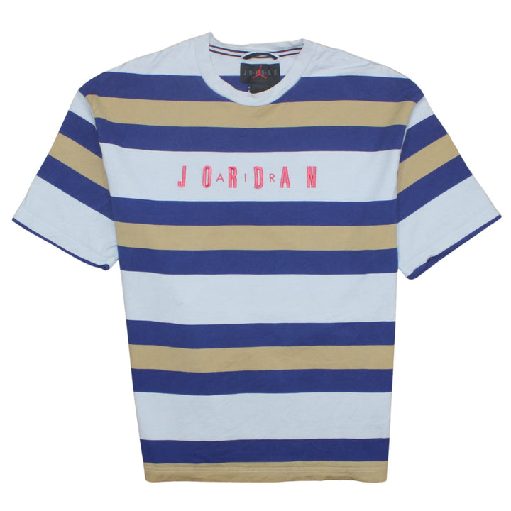 Jordan Men's Blue Beige Striped Crew Neck Cotton T-Shirt Size M