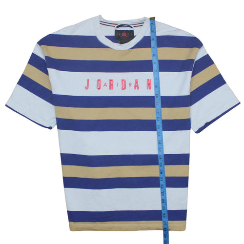 Jordan Men's Blue Beige Striped Crew Neck Cotton T-Shirt Size M
