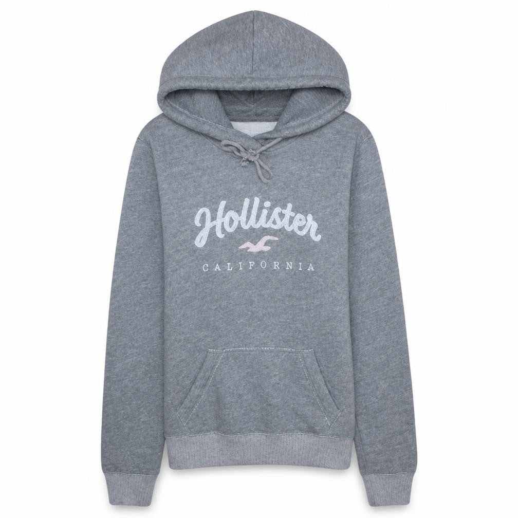 Front view of Hollister women’s grey xs pullover hoodie with logo print