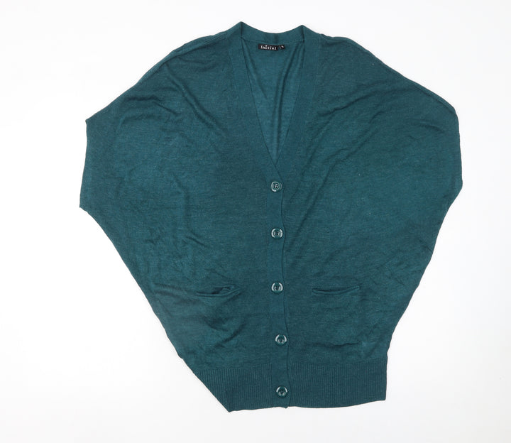 Initial Women's Green V-Neck Button Cardigan Size M Relaxed Fit Knit
