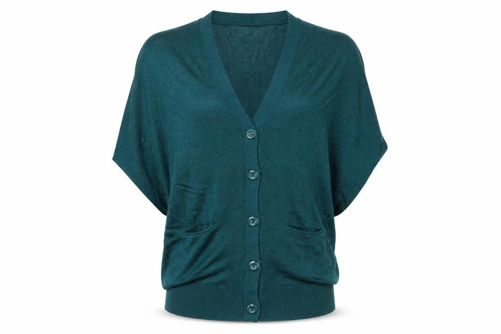 Front view of Initial Women's Green V-Neck Button Cardigan, size M, Relaxed Fit Knit
