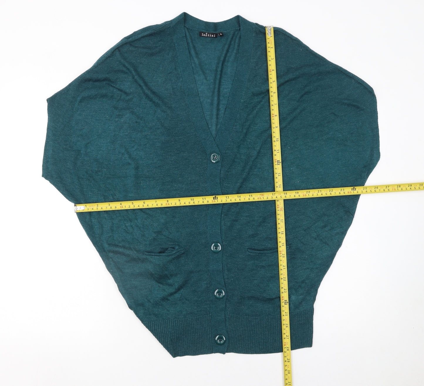 Initial Women's Green V-Neck Button Cardigan Size M Relaxed Fit Knit