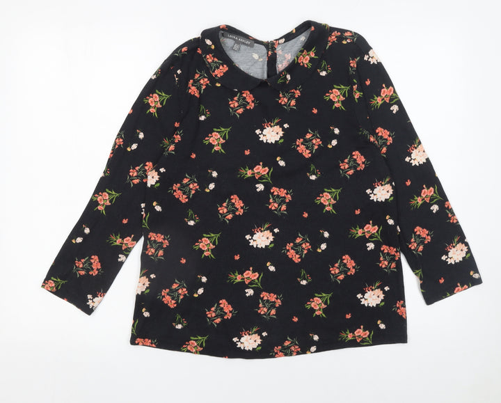 Laura Ashley Women Black Floral Collared Long Sleeve Tunic Blouse UK 12