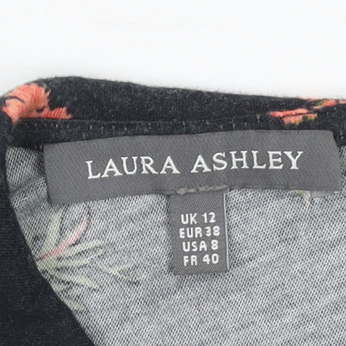 Laura Ashley Women Black Floral Collared Long Sleeve Tunic Blouse UK 12