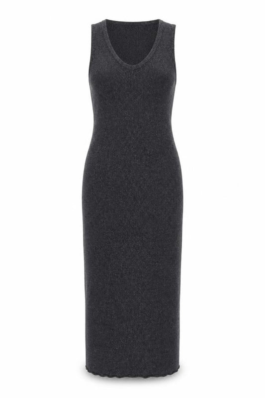 Front view of nu-in Women's Grey Ribbed Knit Sleeveless Bodycon Midi Dress XS