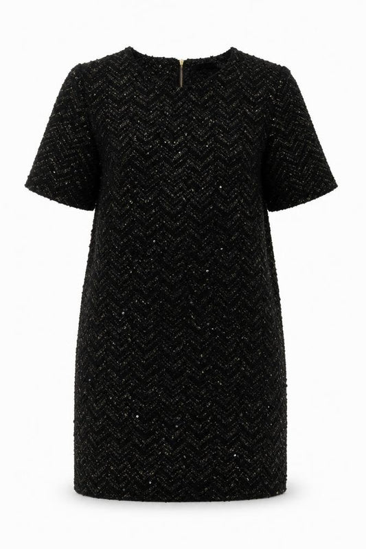 Front view of Oasis Women’s Black Sequin Short Sleeve Shift Dress, size UK 10