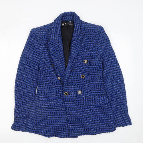 Zara Women Blue Bouclé Double-Breasted Blazer Size S Classic Fit