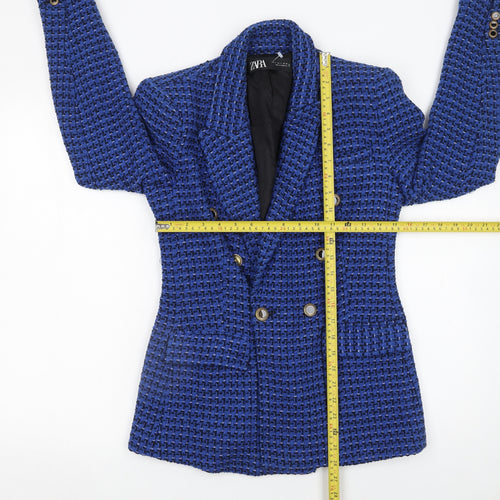 Zara Women Blue Bouclé Double-Breasted Blazer Size S Classic Fit